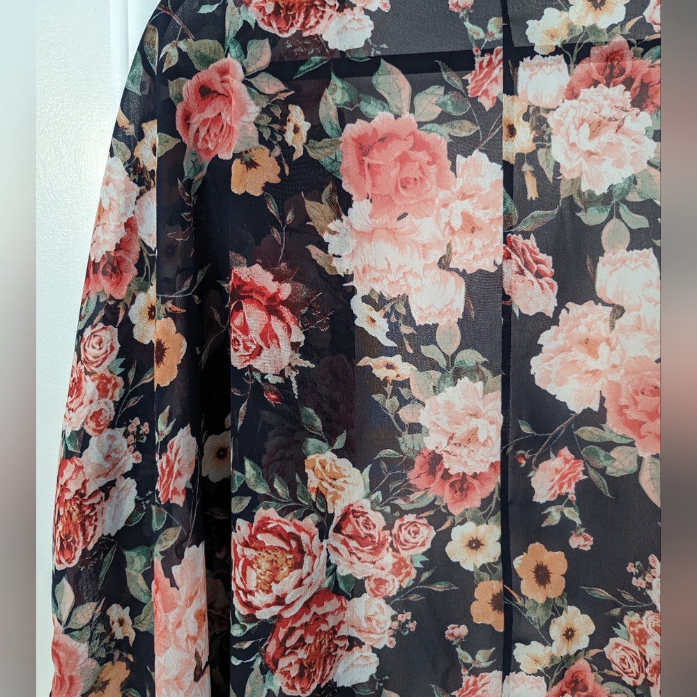 Women's Floral Print Puff Sleeve Kimono Chiffon Loose Cover Up - Size Small - Picture 7 of 12